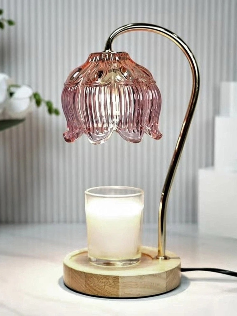 Glass Candle Warmer Lamp with Timer and Dimmable Switch Pink & Gold